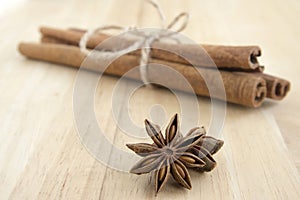 Christmas arrangements on wooden table, Xmas spice collection, cinnamon, nutmeg and anise