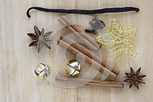 Christmas arrangements on wooden table, Xmas spice and decorations