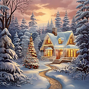 Christmas art card. background of the Christmas winter forest. Village house in the background