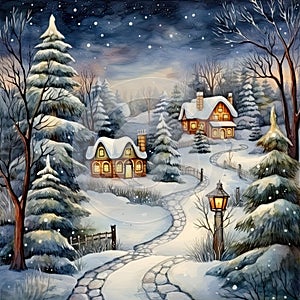 Christmas art card. background of the Christmas winter forest. Village house in the background