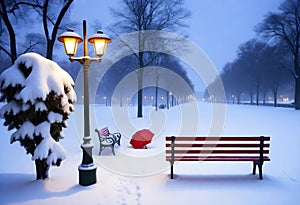 Christmas art card. Santa hat on a bench in the snow against the background of the Christmas winter forest.