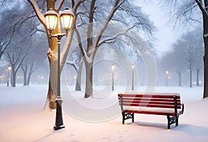 Christmas art card. Santa hat on a bench in the snow against the background of the Christmas winter forest.