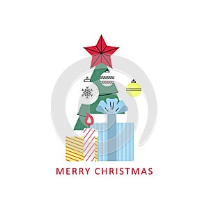 Christmas art with fir tree and gifts. Winter holiday icon, new year card, design element for greetings or invitations.