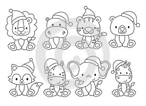 Christmas Baby Animals with Santa Hat Outline Drawing Vector Illustration