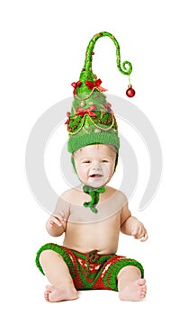 Christmas Baby Kid in Green Hat Decoration As Xmas Tree Child