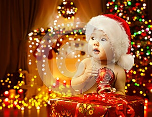 Christmas Baby Opening Present, Happy Kid Santa Hat, Xmas Gift