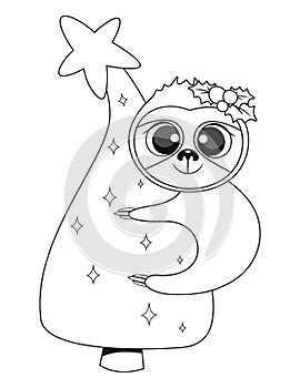 Christmas baby sloth colouring book page. Vector illustration.