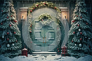 Christmas backdrop with door. Ai generated image