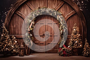 Christmas backdrop with door. Ai generated image
