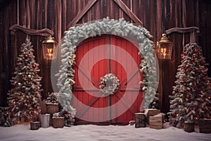 Christmas backdrop with door. Ai generated image