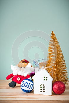 Christmas background 2019 of decorations on the table