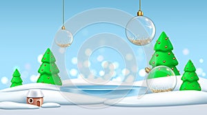 Christmas background. 3d empty podium for products presentation, new year winter snow, happy holidays, merry Xmas light