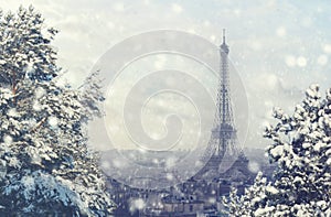Christmas background: Aerial view of Paris cityscape with Eiffel tower at winter sunset in France