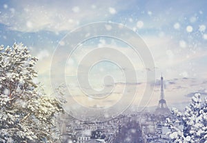 Christmas background: Aerial view of Paris cityscape with Eiffel tower at winter sunset in France