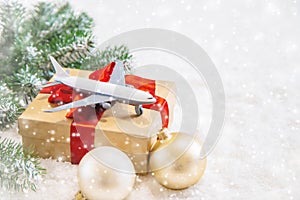 christmas background with airplane. travels. selective focus photo