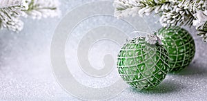 Christmas background. Baubles decoration with ornament, xmas tree brunch