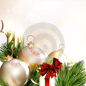 Christmas background with baubles, fir branches and clear space