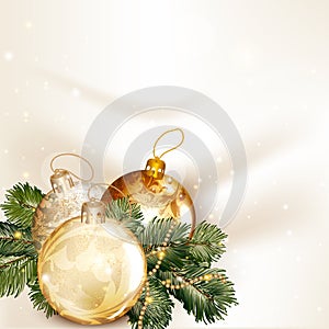 Christmas background with baubles and fir tree branches on a clean space