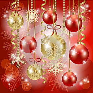 Christmas background with baubles in red