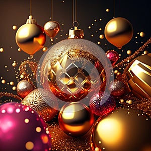 Christmas background with baubles and ribbons. 3d rendering generative AI