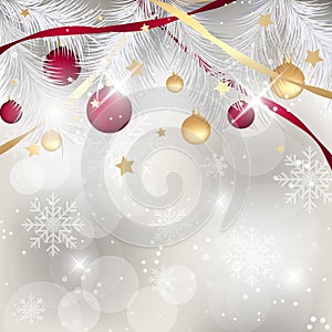 Christmas background with baubles, ribbons and needles. Happy New Year illustration.