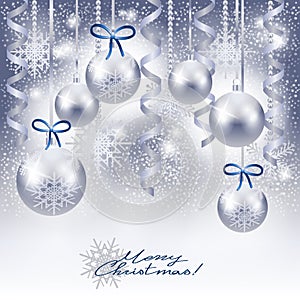 Christmas background with baubles in silver