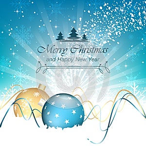 Christmas background, baubles, swirly lines and snowflakes