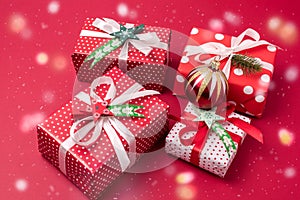 Christmas Background with Beautiful Gift Boxes Set of Christmas Gift Boxes New Year Background Snow Red Background