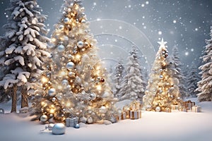 Christmas background with beautifully decorated Christmas tree with baubles, snowflakes, and lights, magic Christmas illustration
