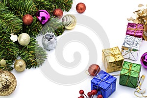 Christmas background beautifully decorated with pine wood and gift box balls White background Top view with copy area