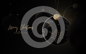 Christmas background. Black and gold luxury Christmas balls hanging on dark background. Vector illustration