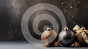 Christmas background with black and golden baubles on a dark background