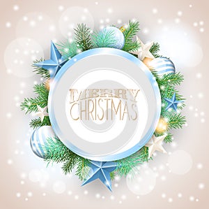 Christmas background with blue ornaments and branches