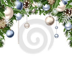 Christmas background with blue and silver balls, cones, fir branches, holly and mistletoe. Vector eps-10.