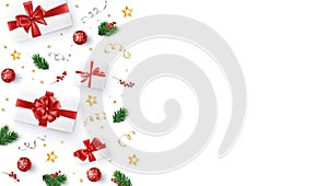 Christmas background, border. Realistic vector flat lay. Presents with red bows isolated on white.