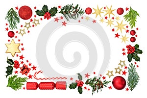 Christmas Background Border with Stars Flora and Baubles