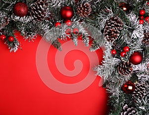 Christmas background. Branch of christmas tree with pine cones