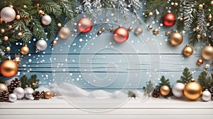 Christmas background in bright wood style, modern, simple and elegant, with a border of baubles, fir branches, stars,