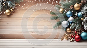Christmas background in bright wood style, modern, simple and elegant, with a border of baubles, fir branches, stars