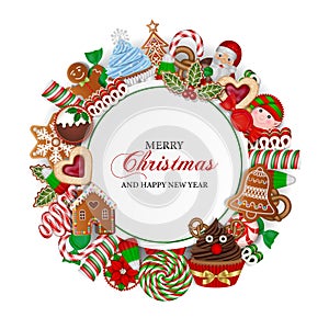 Christmas background with candies, lollipops, cakes and cookies