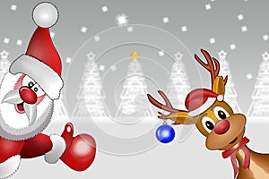 Merry Christmas greeting with Santa Claus and happy reindeer