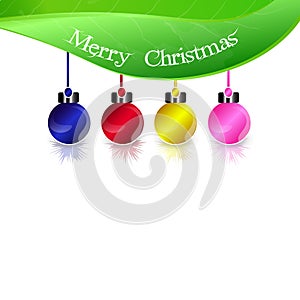 Christmas background with Christmas ball hanging on green leaf on white background