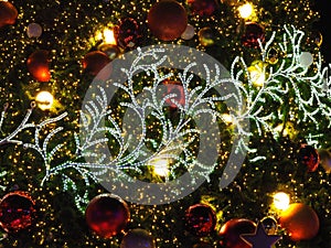 Christmas background. Christmas decorations balls, light, star, snowflake on Christmas tree