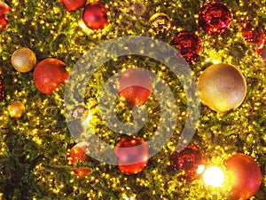 Christmas background. Christmas decorations balls, light, star, snowflake on Christmas tree