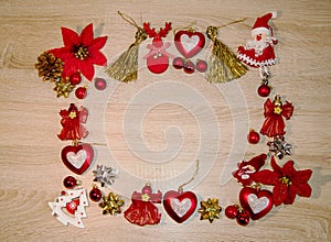 Christmas Background. The christmas decors on the wooden table. Winter, holidays.