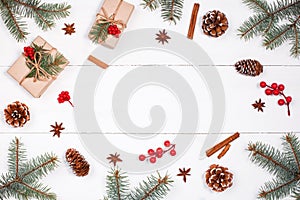 Christmas background with Christmas gift, fir branches, pine con