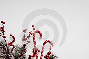 Christmas background with Christmas gift, fir branches, pine cones, snowflakes, red decorations.