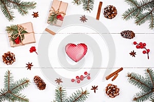 Christmas background with Christmas gift in form of heart, fir b