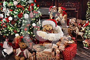 Christmas background with Christmas tree and teddy bear decoration