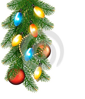 Christmas background with colorful garland, baubles and branches